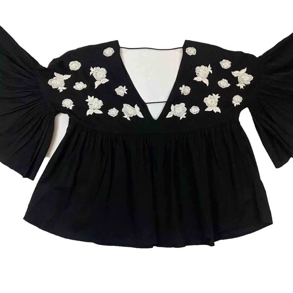 Anthropologie Maeve Size S Harlow Beaded Embroidered Floral Flutter Sleeve Top - Picture 15 of 16